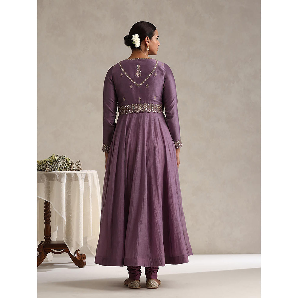 WeaverStory Purple Chanderi Embroidered Anarkali with Koti and Churidar (Set of 3)