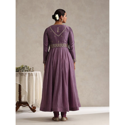 WeaverStory Purple Chanderi Embroidered Anarkali with Koti and Churidar (Set of 3)