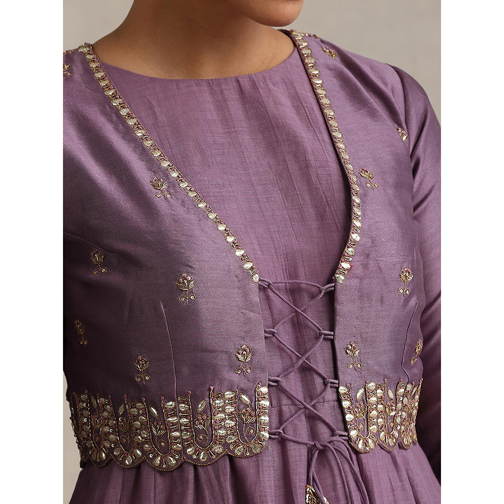 WeaverStory Purple Chanderi Embroidered Anarkali with Koti and Churidar (Set of 3)