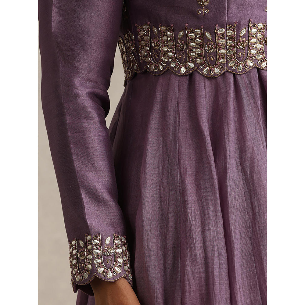 WeaverStory Purple Chanderi Embroidered Anarkali with Koti and Churidar (Set of 3)