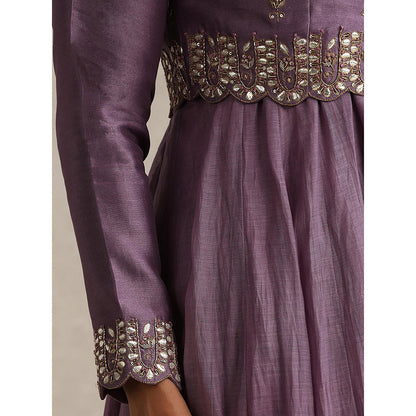 WeaverStory Purple Chanderi Embroidered Anarkali with Koti and Churidar (Set of 3)