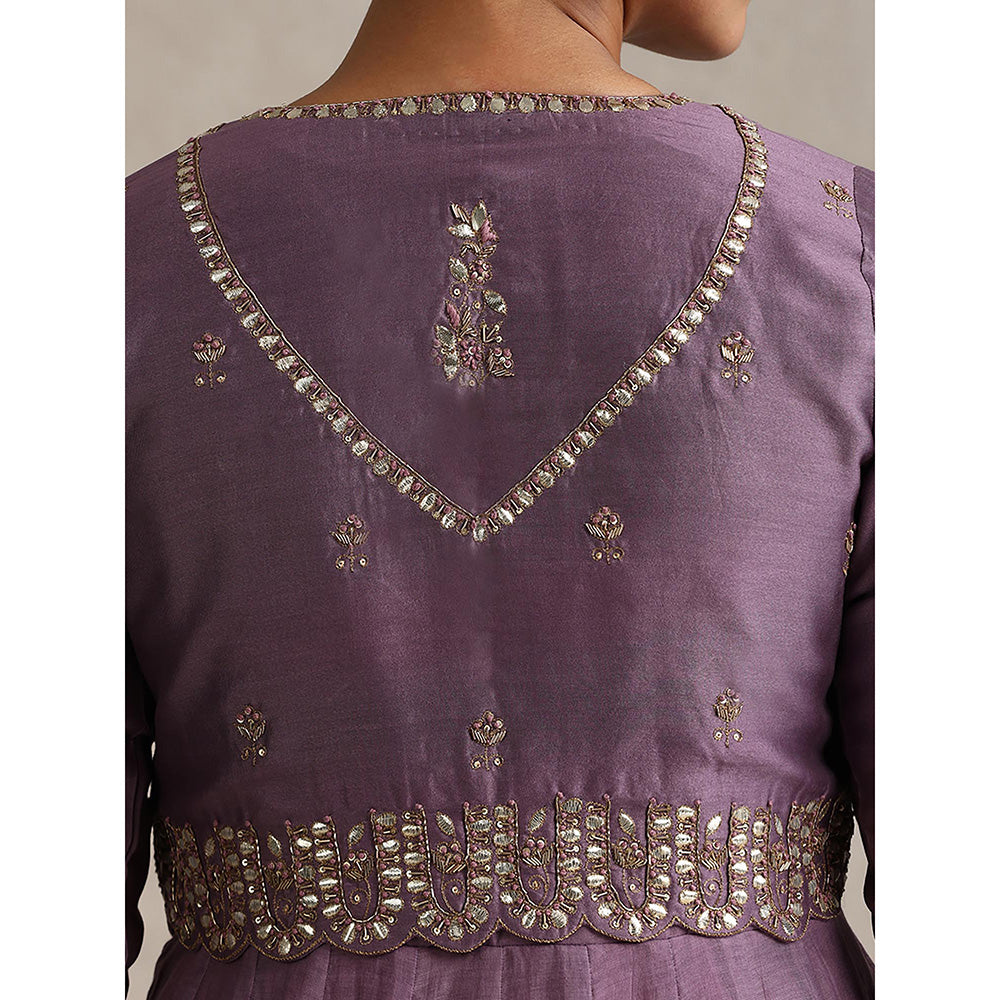 WeaverStory Purple Chanderi Embroidered Anarkali with Koti and Churidar (Set of 3)