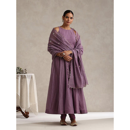 WeaverStory Purple Chanderi Embroidered Anarkali with Churidar with Dupatta (Set of 3)