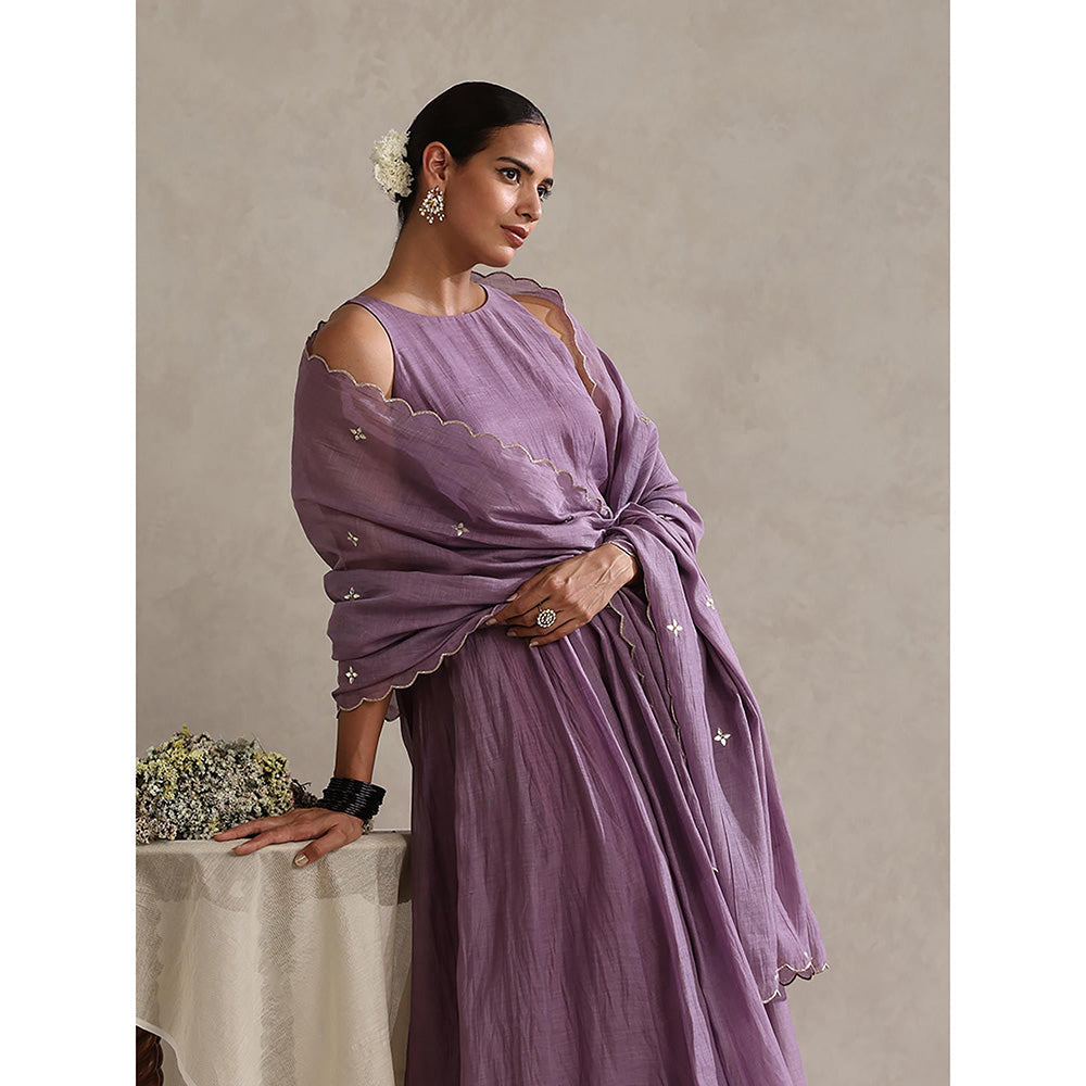 WeaverStory Purple Chanderi Embroidered Anarkali with Churidar with Dupatta (Set of 3)