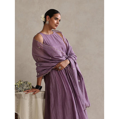 WeaverStory Purple Chanderi Embroidered Anarkali with Churidar with Dupatta (Set of 3)