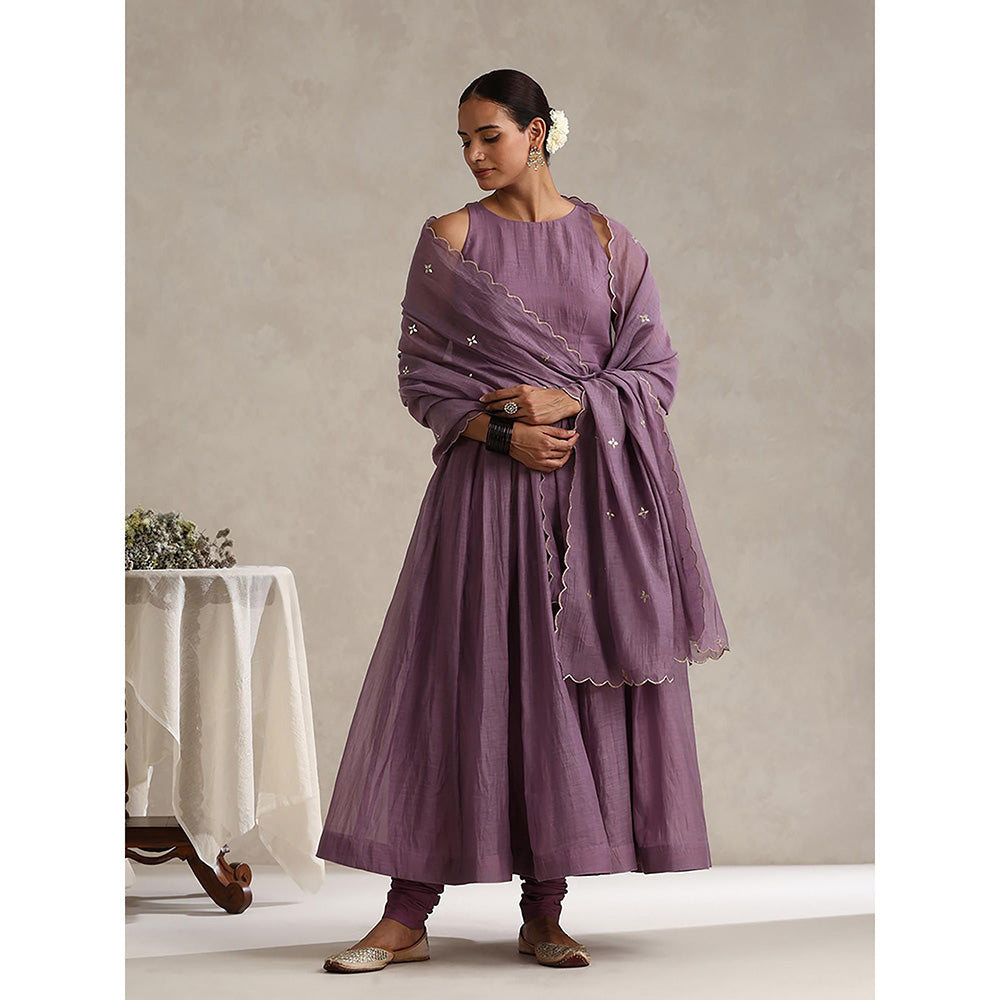WeaverStory Purple Chanderi Embroidered Anarkali with Churidar with Dupatta (Set of 3)