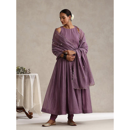 WeaverStory Purple Chanderi Embroidered Anarkali with Churidar with Dupatta (Set of 3)