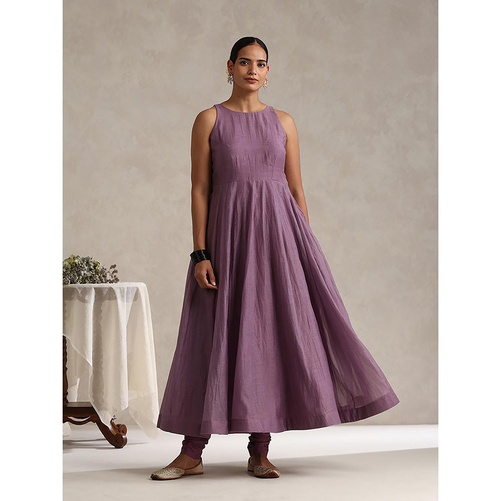 WeaverStory Purple Chanderi Embroidered Anarkali with Churidar with Dupatta (Set of 3)