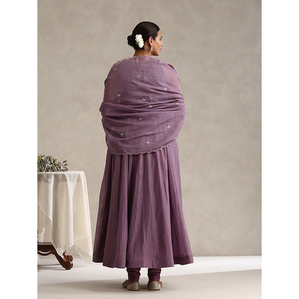 WeaverStory Purple Chanderi Embroidered Anarkali with Churidar with Dupatta (Set of 3)