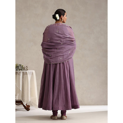 WeaverStory Purple Chanderi Embroidered Anarkali with Churidar with Dupatta (Set of 3)