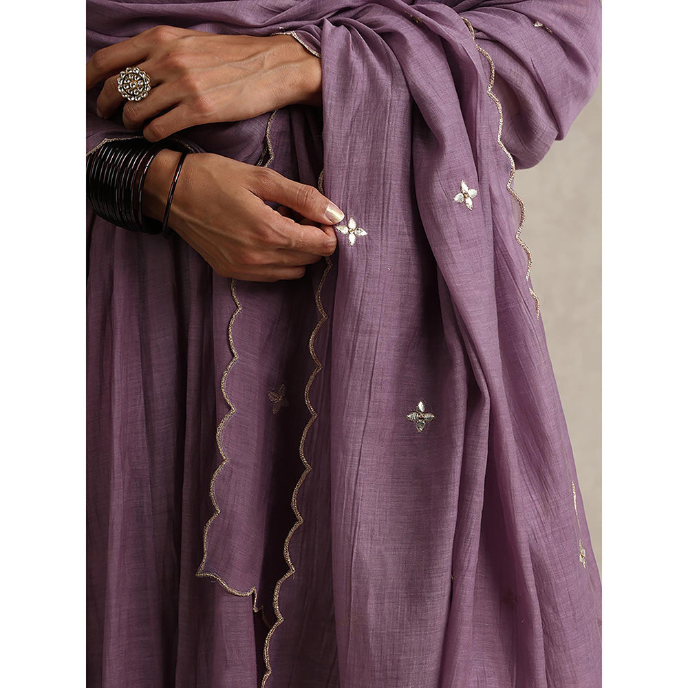 WeaverStory Purple Chanderi Embroidered Anarkali with Churidar with Dupatta (Set of 3)