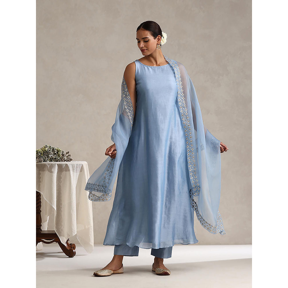 WeaverStory Light Blue Chanderi Embroidered Anarkali with Pant and Dupatta (Set of 3)
