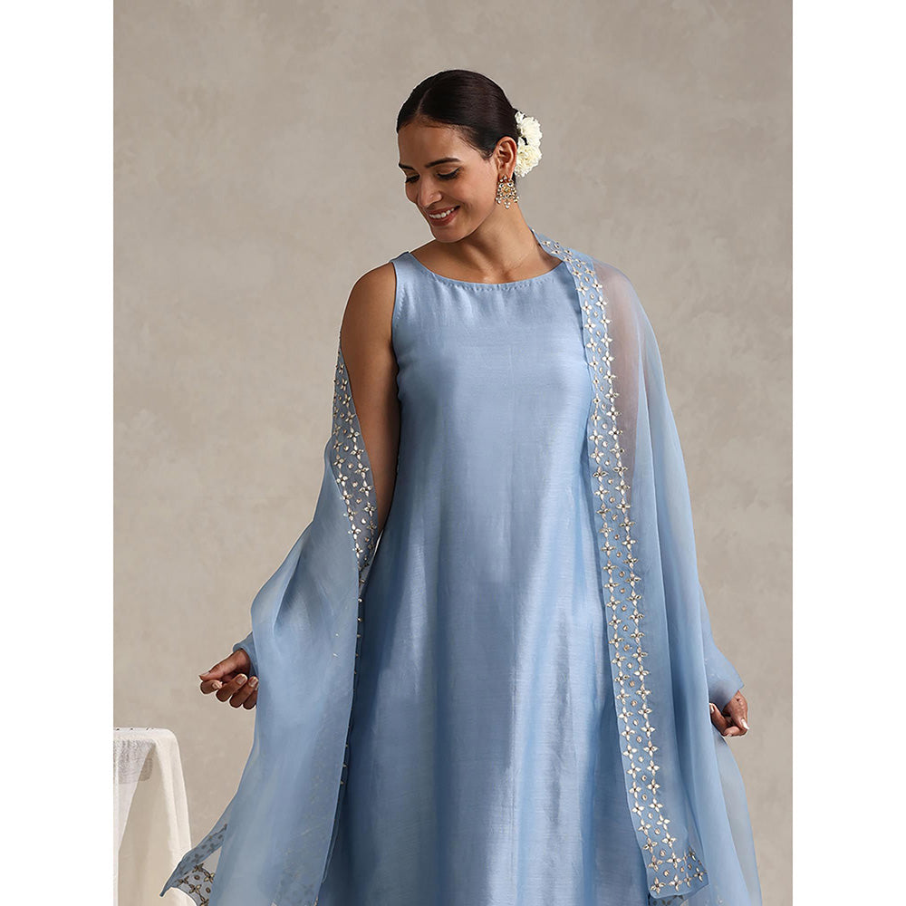 WeaverStory Light Blue Chanderi Embroidered Anarkali with Pant and Dupatta (Set of 3)