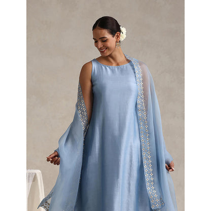WeaverStory Light Blue Chanderi Embroidered Anarkali with Pant and Dupatta (Set of 3)
