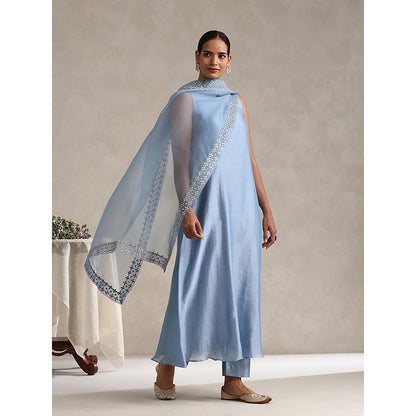 WeaverStory Light Blue Chanderi Embroidered Anarkali with Pant and Dupatta (Set of 3)