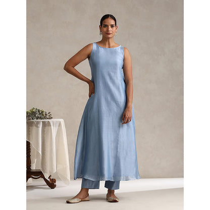 WeaverStory Light Blue Chanderi Embroidered Anarkali with Pant and Dupatta (Set of 3)