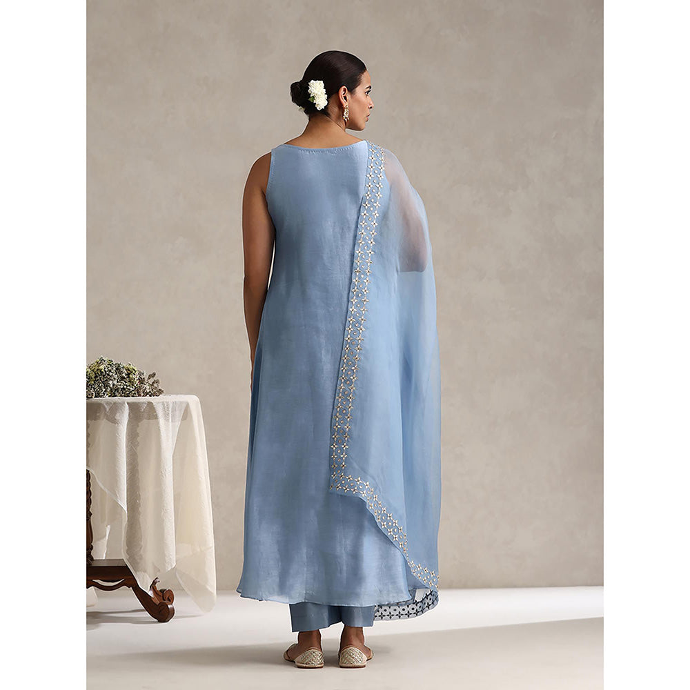 WeaverStory Light Blue Chanderi Embroidered Anarkali with Pant and Dupatta (Set of 3)