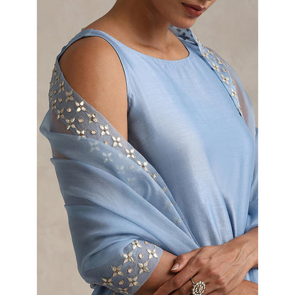 WeaverStory Light Blue Chanderi Embroidered Anarkali with Pant and Dupatta (Set of 3)