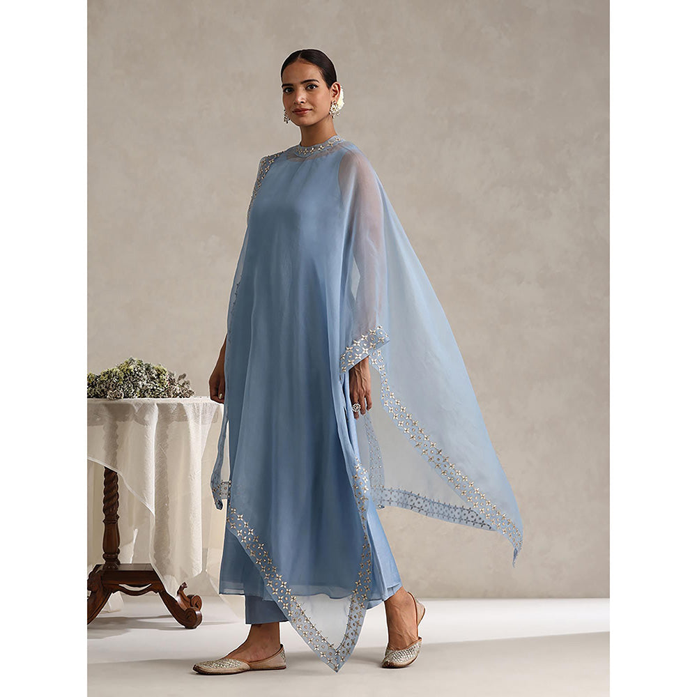 WeaverStory Light Blue Chanderi Embroidered Gota Cape with Kurta and Pant (Set of 3)