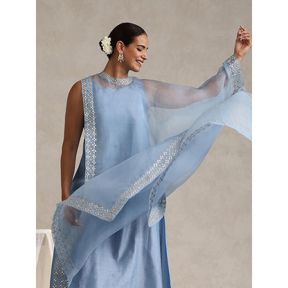 WeaverStory Light Blue Chanderi Embroidered Gota Cape with Kurta and Pant (Set of 3)