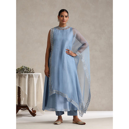 WeaverStory Light Blue Chanderi Embroidered Gota Cape with Kurta and Pant (Set of 3)