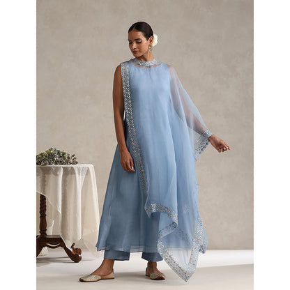 WeaverStory Light Blue Chanderi Embroidered Gota Cape with Kurta and Pant (Set of 3)