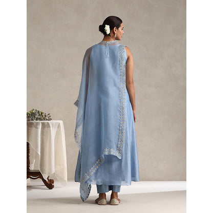 WeaverStory Light Blue Chanderi Embroidered Gota Cape with Kurta and Pant (Set of 3)