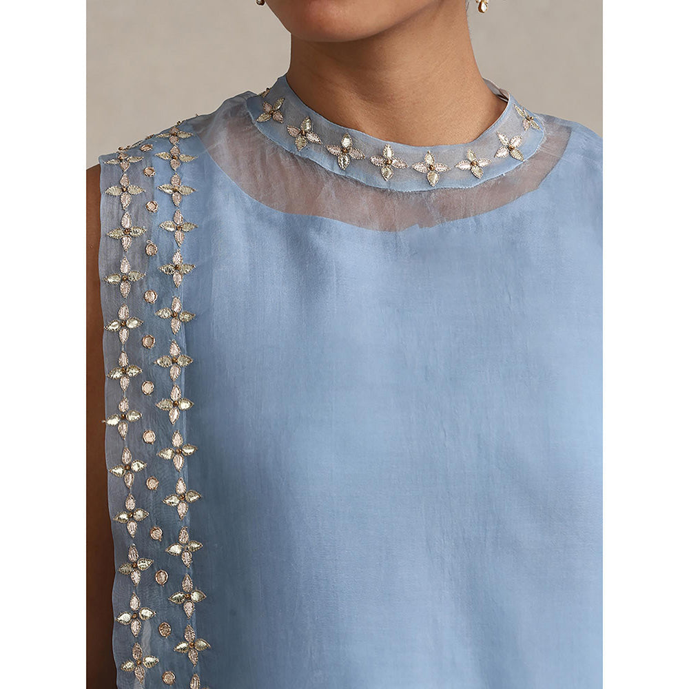 WeaverStory Light Blue Chanderi Embroidered Gota Cape with Kurta and Pant (Set of 3)