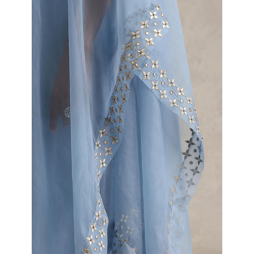 WeaverStory Light Blue Chanderi Embroidered Gota Cape with Kurta and Pant (Set of 3)