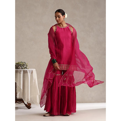WeaverStory Fuchsia Pink Chanderi Embroidered Sharara with Kurti and Dupatta (Set of 3)