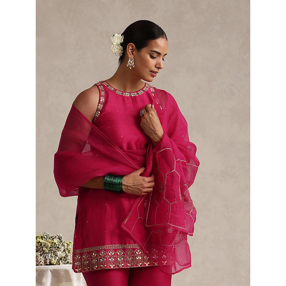 WeaverStory Fuchsia Pink Chanderi Embroidered Sharara with Kurti and Dupatta (Set of 3)