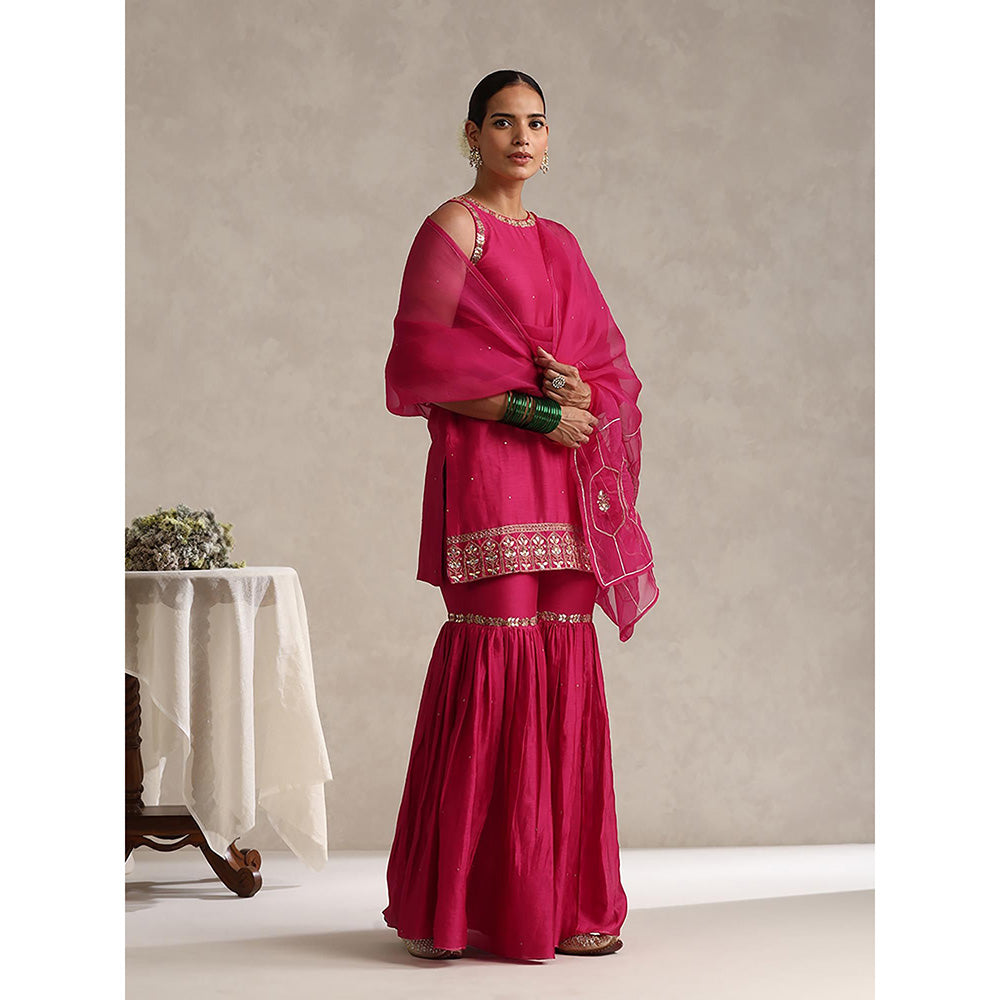 WeaverStory Fuchsia Pink Chanderi Embroidered Sharara with Kurti and Dupatta (Set of 3)