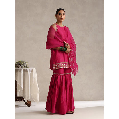 WeaverStory Fuchsia Pink Chanderi Embroidered Sharara with Kurti and Dupatta (Set of 3)