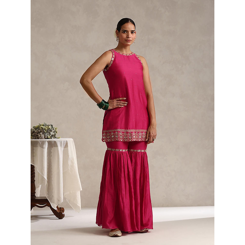 WeaverStory Fuchsia Pink Chanderi Embroidered Sharara with Kurti and Dupatta (Set of 3)