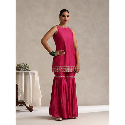 WeaverStory Fuchsia Pink Chanderi Embroidered Sharara with Kurti and Dupatta (Set of 3)