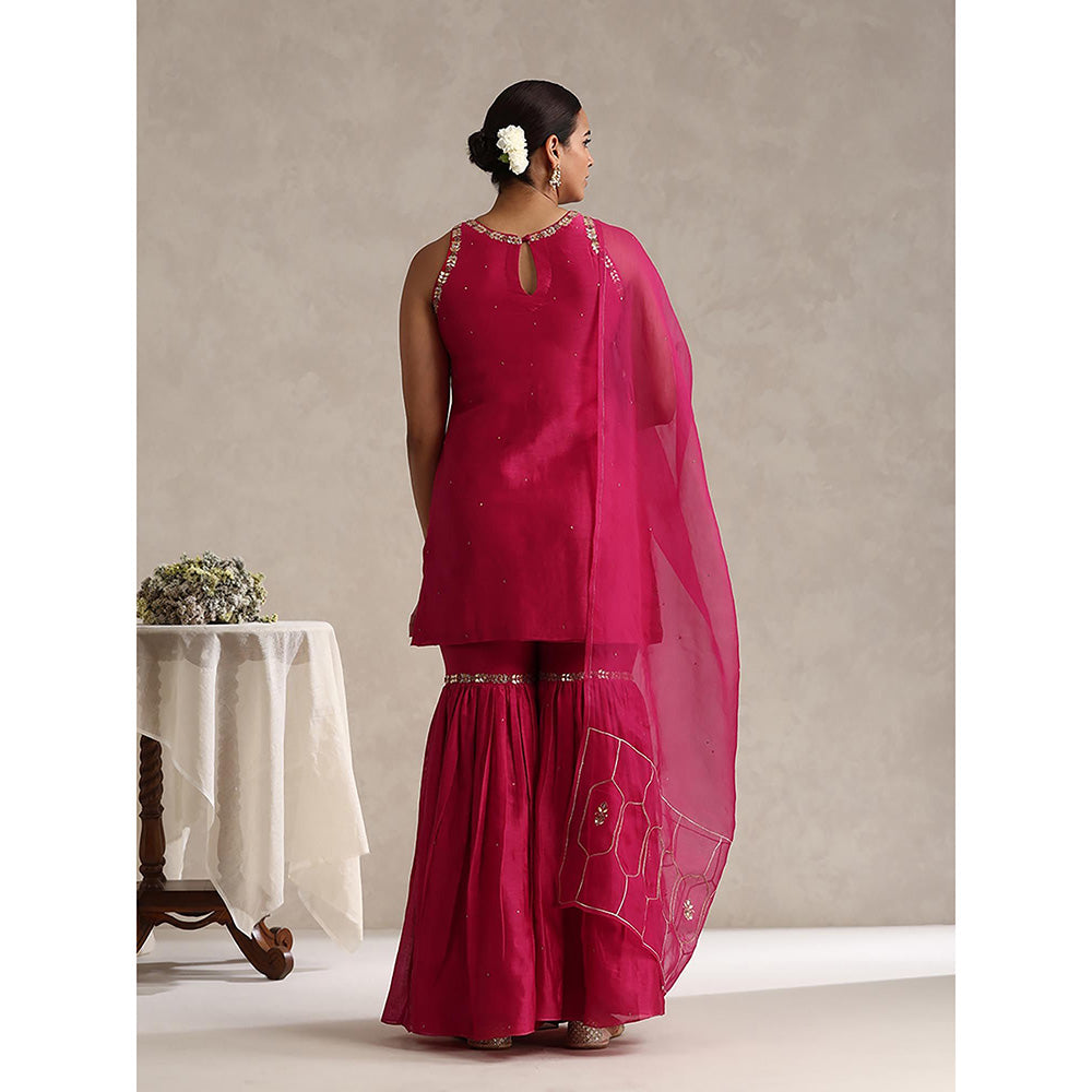 WeaverStory Fuchsia Pink Chanderi Embroidered Sharara with Kurti and Dupatta (Set of 3)