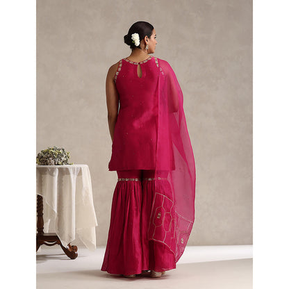 WeaverStory Fuchsia Pink Chanderi Embroidered Sharara with Kurti and Dupatta (Set of 3)