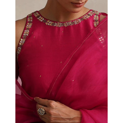 WeaverStory Fuchsia Pink Chanderi Embroidered Sharara with Kurti and Dupatta (Set of 3)