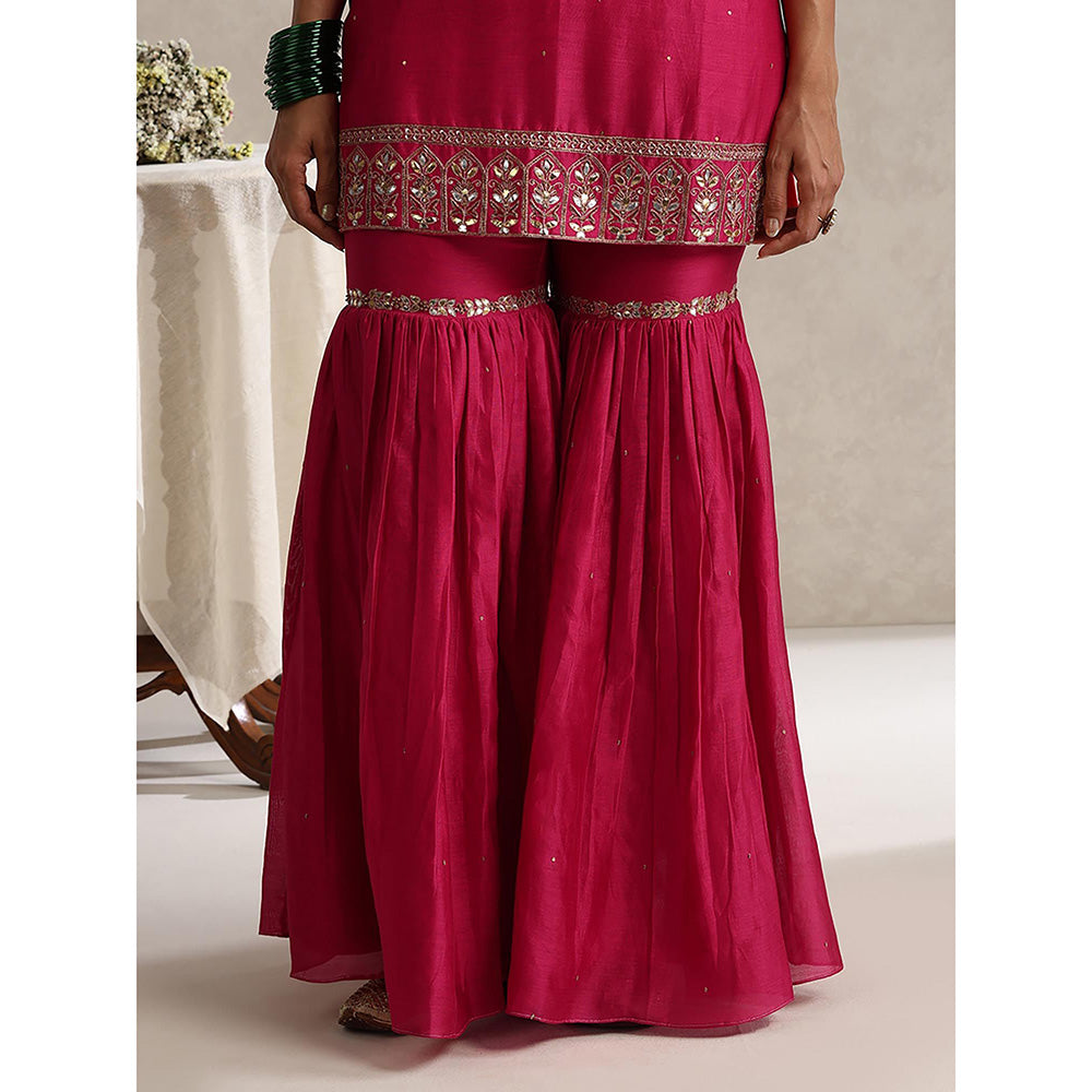 WeaverStory Fuchsia Pink Chanderi Embroidered Sharara with Kurti and Dupatta (Set of 3)