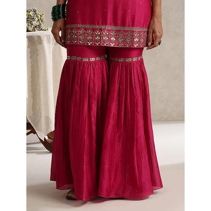 WeaverStory Fuchsia Pink Chanderi Embroidered Sharara with Kurti and Dupatta (Set of 3)