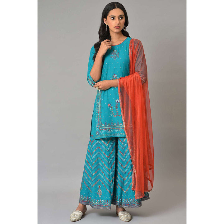 W Women Blue Festive Floral Print Rayon Kurta With Sharara & Dupatta