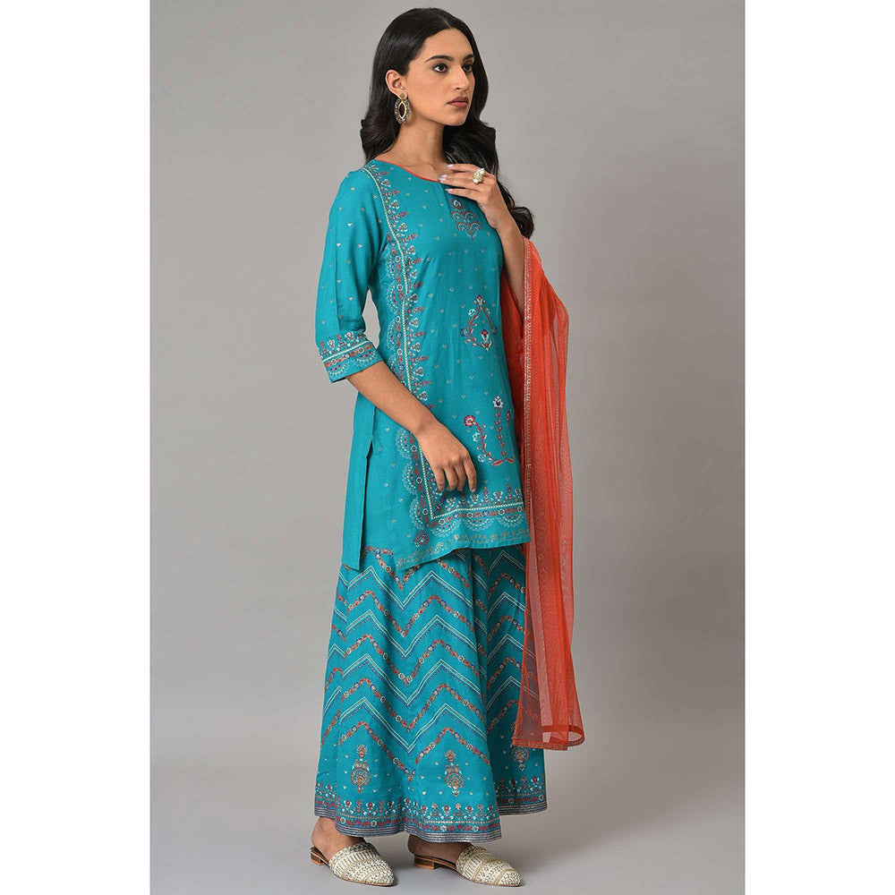 W Women Blue Festive Floral Print Rayon Kurta With Sharara & Dupatta