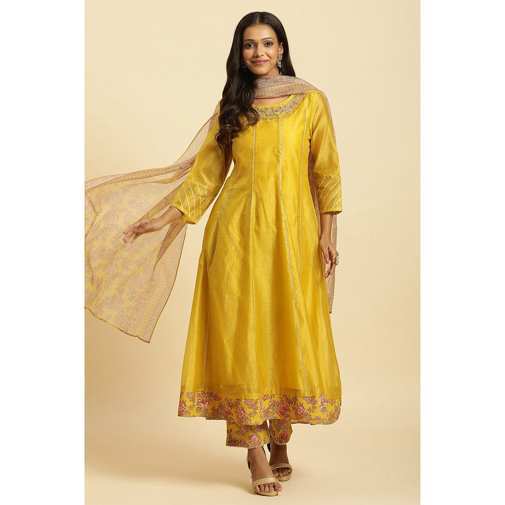 W Yellow Embellished Kurta, Straight Pant & Dupatta (Set of 3)