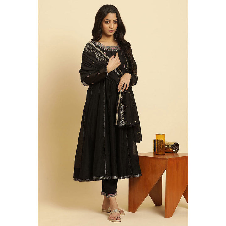 W Black Embroidered Kurta, Slim Pant & Dupatta (Set of 3)