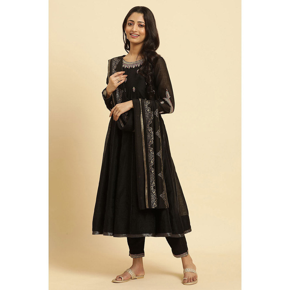 W Black Embroidered Kurta, Slim Pant & Dupatta (Set of 3)