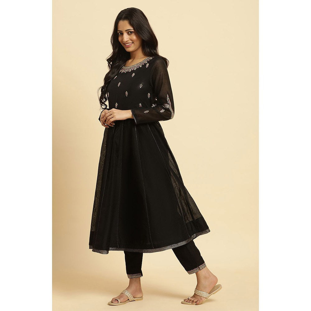 W Black Embroidered Kurta, Slim Pant & Dupatta (Set of 3)