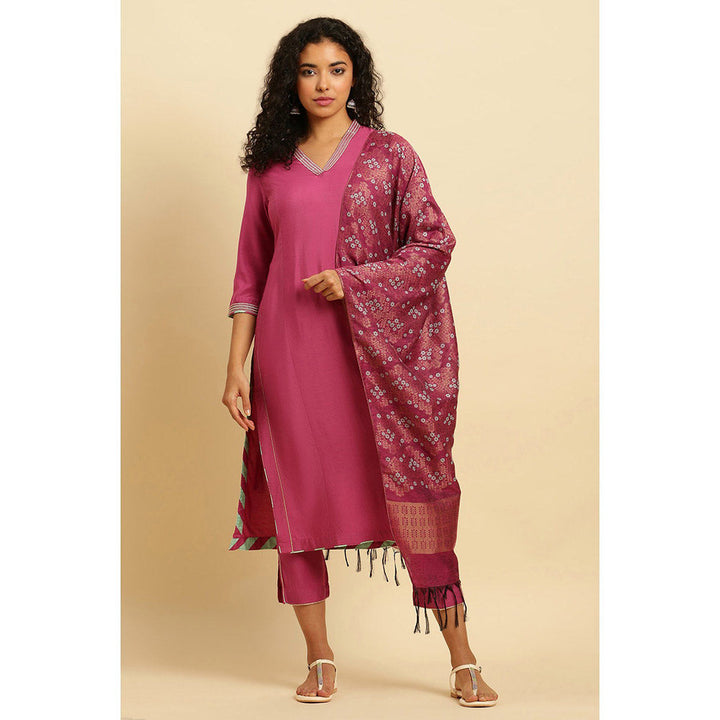 W Pink Embroidered Kurta with Slim Pants & Dupatta (Set of 3)