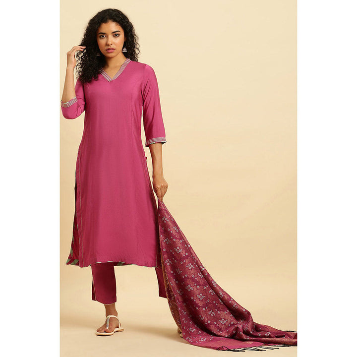 W Pink Embroidered Kurta with Slim Pants & Dupatta (Set of 3)