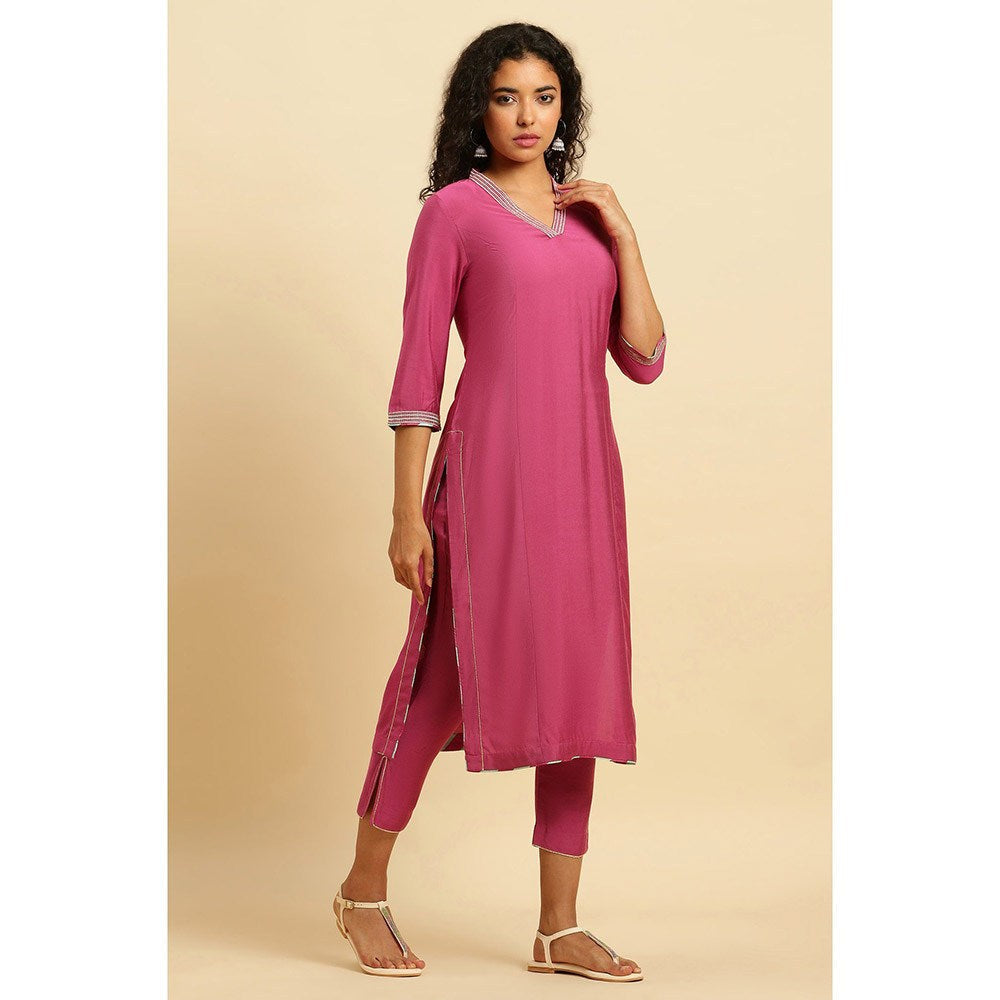 W Pink Embroidered Kurta with Slim Pants & Dupatta (Set of 3)