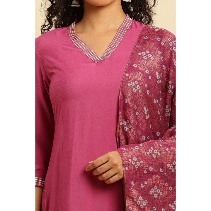 W Pink Embroidered Kurta with Slim Pants & Dupatta (Set of 3)